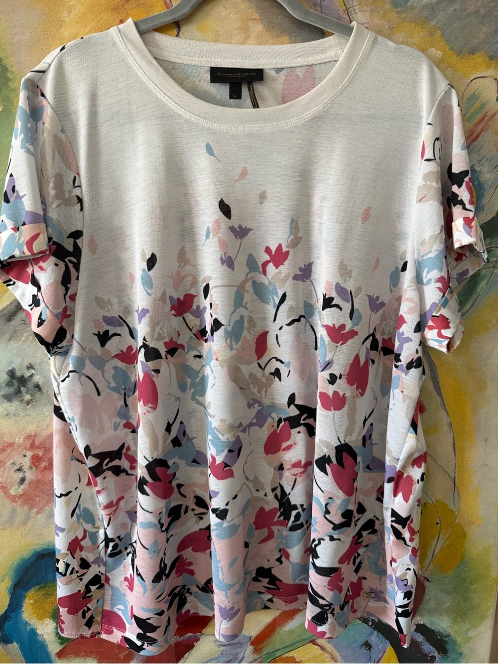 Donna Karan White Tee with Pink, Blue and Black Floral Print